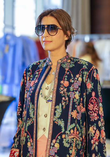Embroidered Kashmiri Long Jacket – Navy