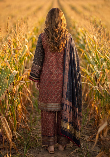 Brown & Black Printed Silk 3-Piece Suit with Contrast Dupatta