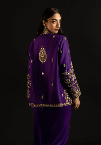 Purple Zardozi Embellished Jacket with Emerald Bustier and Purple Charmeuse Skirt