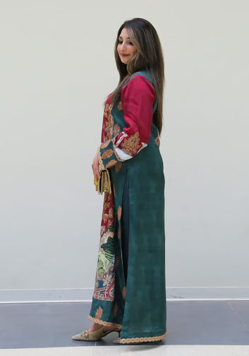 Maroon and Emerald Embroidered Long Dress