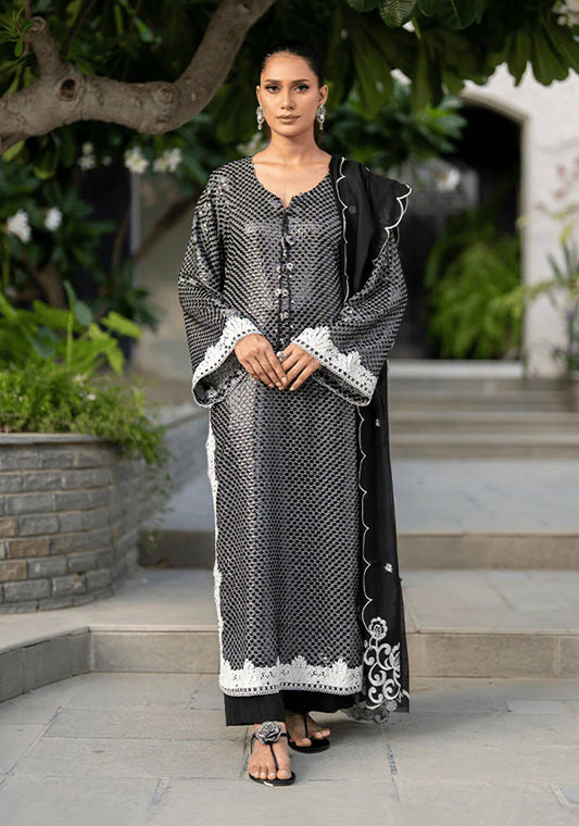 Black and White Embellished Long Tunic with Flared Trousers and Dupatta