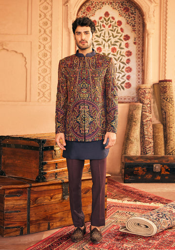 Navy Bandhgala with Multi Colored Embroidery