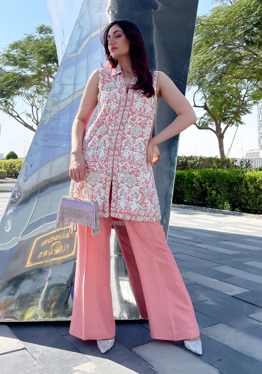 Pink Floral Jaal Embellished Tunic with Matching Flared Trousers