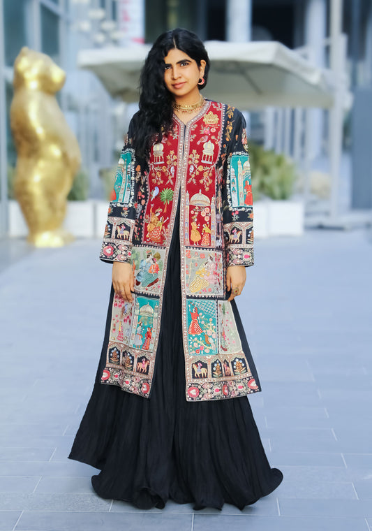Embroidered Kashmiri Long Jacket – Black