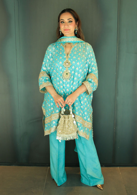 Blue Box Tunic with Matching Trouser and Dupatta