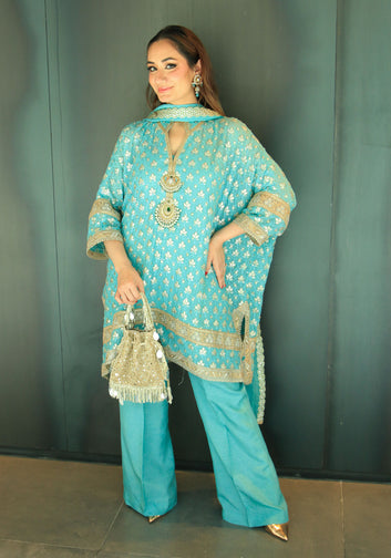 Blue Box Tunic with Matching Trouser and Dupatta