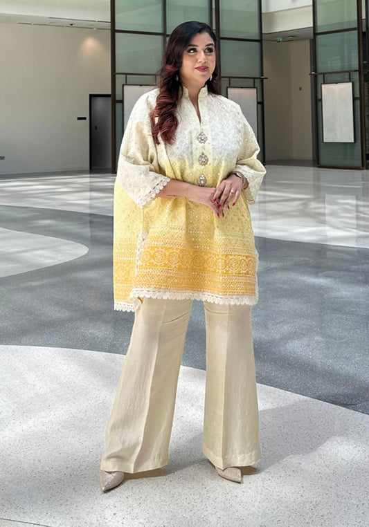 Yellow Shaded Embroidered Box Tunic with Straight Trouser