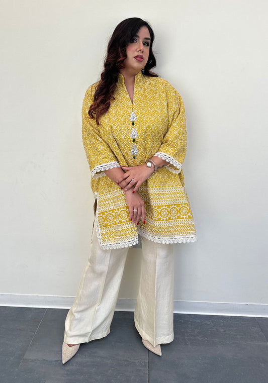 Lime Green Shaded Embroidered Box Tunic with Straight Trousers