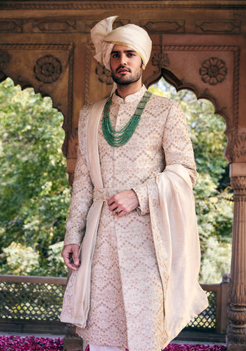 Cream Pitta and Sequins Embroidered Sherwani