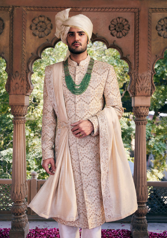 Cream Pitta and Sequins Embroidered Sherwani