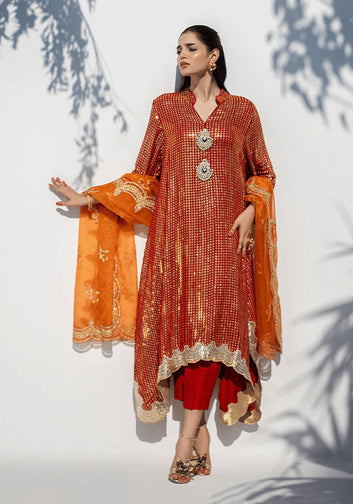 Red and Gold Sequinned Drop Hemline Tunic with Orange Organza Dupatta and Izaar