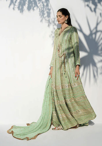 Mint Green Angarkha with Hand Embellished Lacha and Chiffon Dupatta