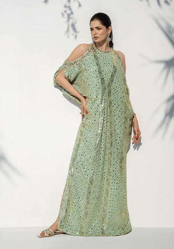 Cold Shoulder Crystal Embellished Mint Green Kaftan