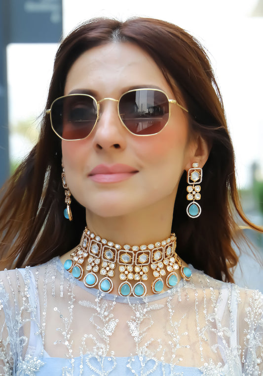 Necklace Set -  Aquamarine polki set