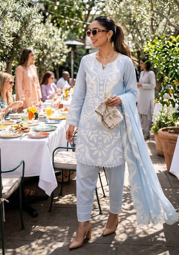 BLUE AND WHITE EMBROIDERED SHORT TUNIC SHALWAR WITH DUPATTA