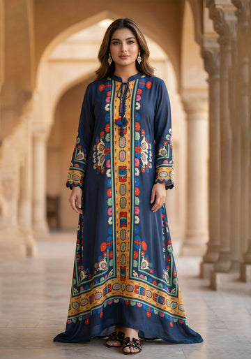 Black Digital Print Kaftan with Tassel Detail