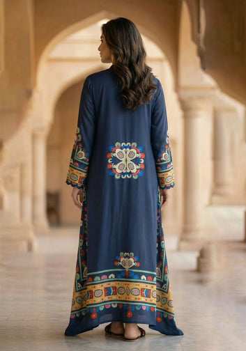 Black Digital Print Kaftan with Tassel Detail
