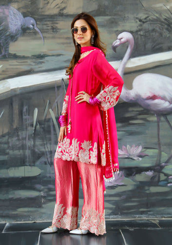 Fuchsia Embroidered Kurta with Flared Pants