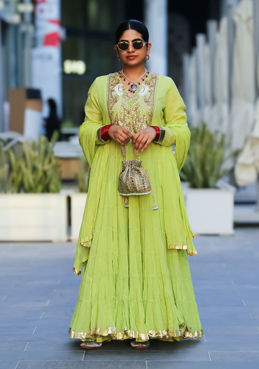 Green Crushed Kurta with Embroidery