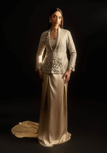 Silver Bugle Beaded Coat with 3D Flowers and Flared Charmeuse Skirt