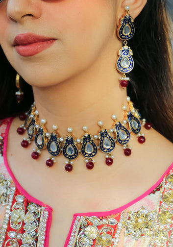 Dark Blue Enamel Teardrop Necklace with Pearl & Ruby Beads