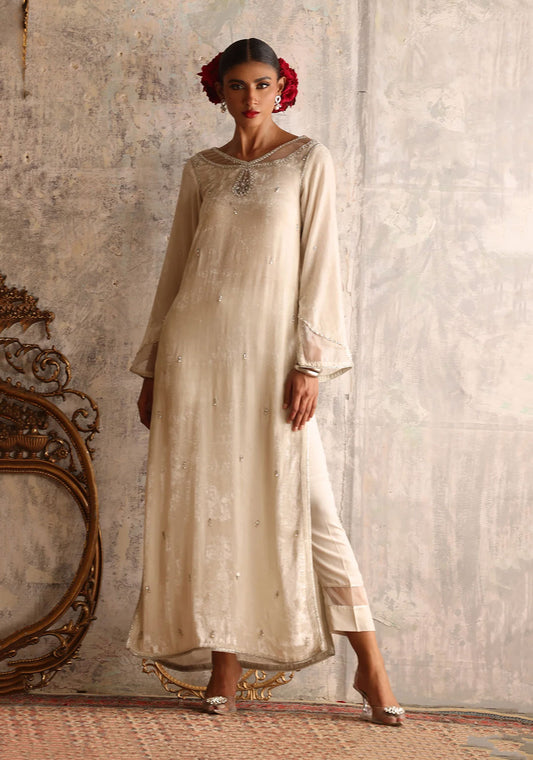 Ivory White Long Velvet Shirt