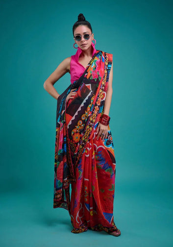 Sari - Red Black Blended Chiffon