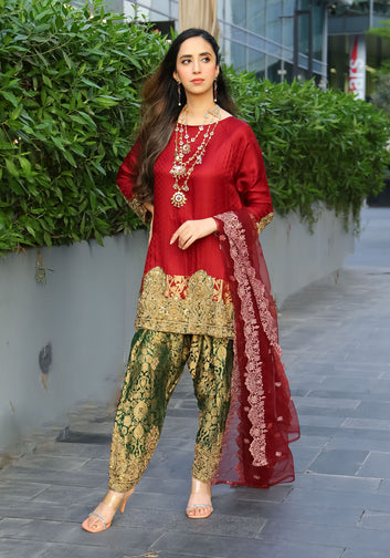 Regal Crimson &amp; Emerald 3-Piece Suit
