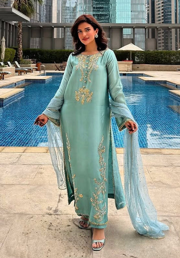 Seafoam Serenity: Embroidered Raw Silk 3-Piece Suite