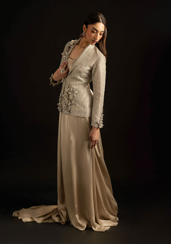 Silver Bugle Beaded Coat with 3D Flowers and Flared Charmeuse Skirt