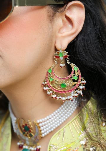 Green Stone & Pearl Crescent Chandelier Earrings