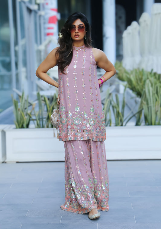 Blush Pink Embroidered Set (Mirror Neckline & Lehenga Skirt)
