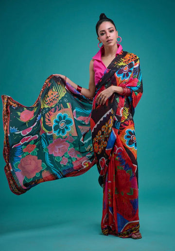 Sari - Red Black Blended Chiffon
