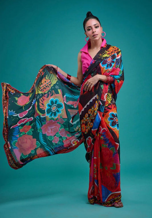 Sari - Red Black Blended Chiffon