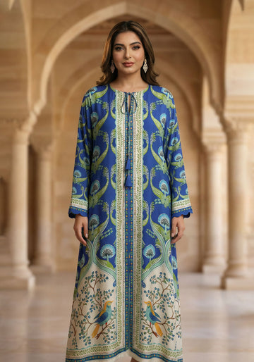 Azure Forest Bird Print Kaftan Dress
