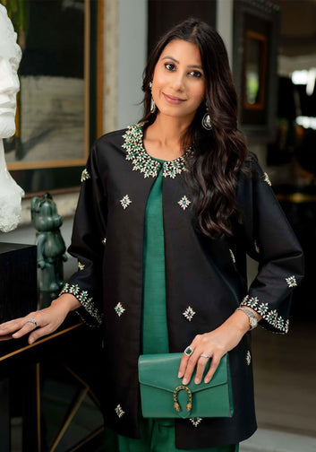 Black Crystal Embellished Jacket with Emerald Green Slip and Trouser