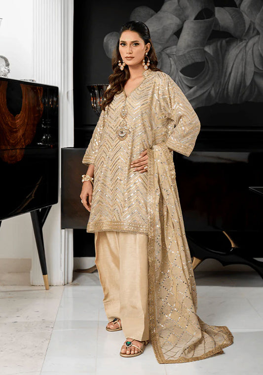 Grey Zigzag Sequined Tunic with Farshi Shalwar and Dupatta