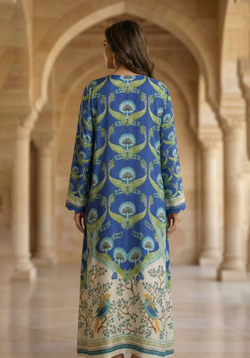 Azure Forest Bird Print Kaftan Dress