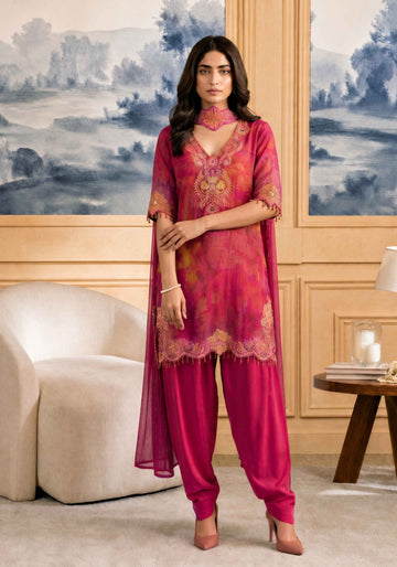 Pink Eloria Short shaded cutwork duppatta Motive