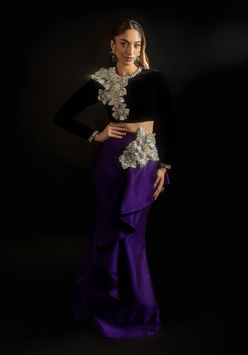 Black Velvet 3D Crystal Floral Embellished Choli with Purple Raw silk Ruffled Skirt