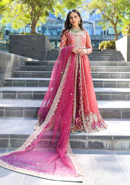 Pink front open Anrkali with Lehenga & Dupatta