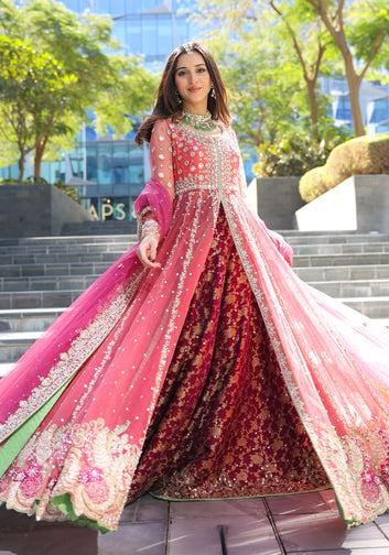 Pink front open Anrkali with Lehenga & Dupatta