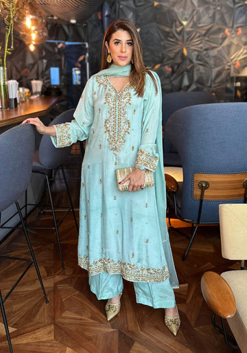 Pure Silk Embroidered Turquoise Bridal 3-Piece Set