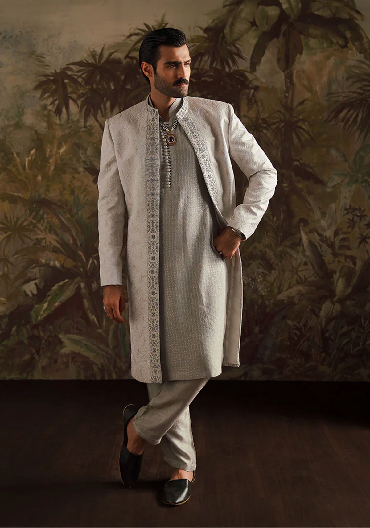 "Alyan" Ice Grey Embroidered Sherwani