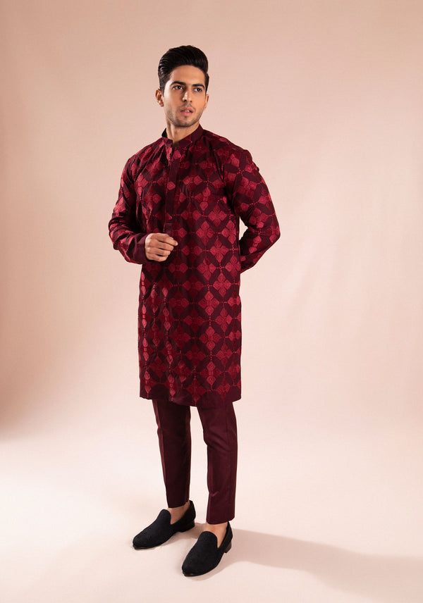 Men's Mehroon Kurta Pajama Same-Thread Embroidery with a Modern Twist