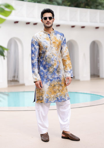 Mustard and Blue Tie-Dye Resham Embroidered Kurta