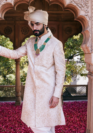 Cream Floral Embroidered Sherwani With Threadwork And Moti Hand Embroidery