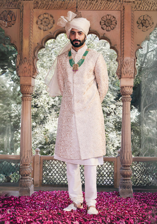 Cream Floral Embroidered Sherwani With Threadwork And Moti Hand Embroidery