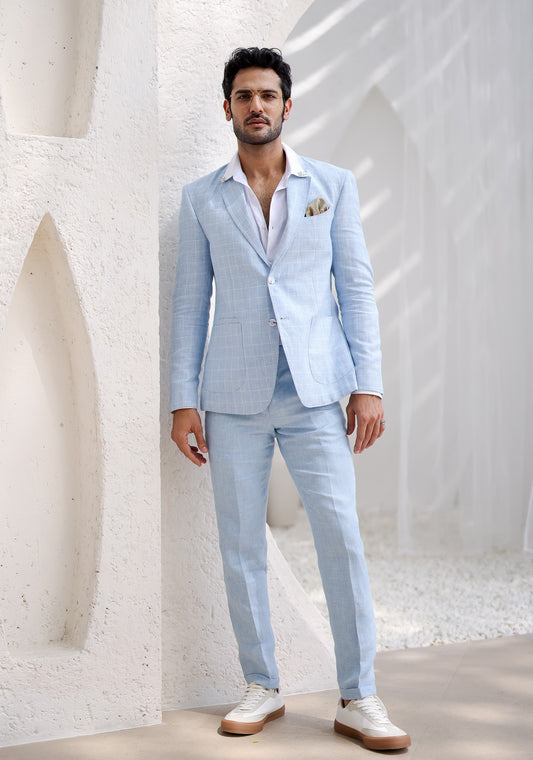 Powder Blue Windowpane Check Blazer Set