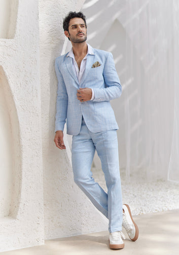 Powder Blue Windowpane Check Blazer Set